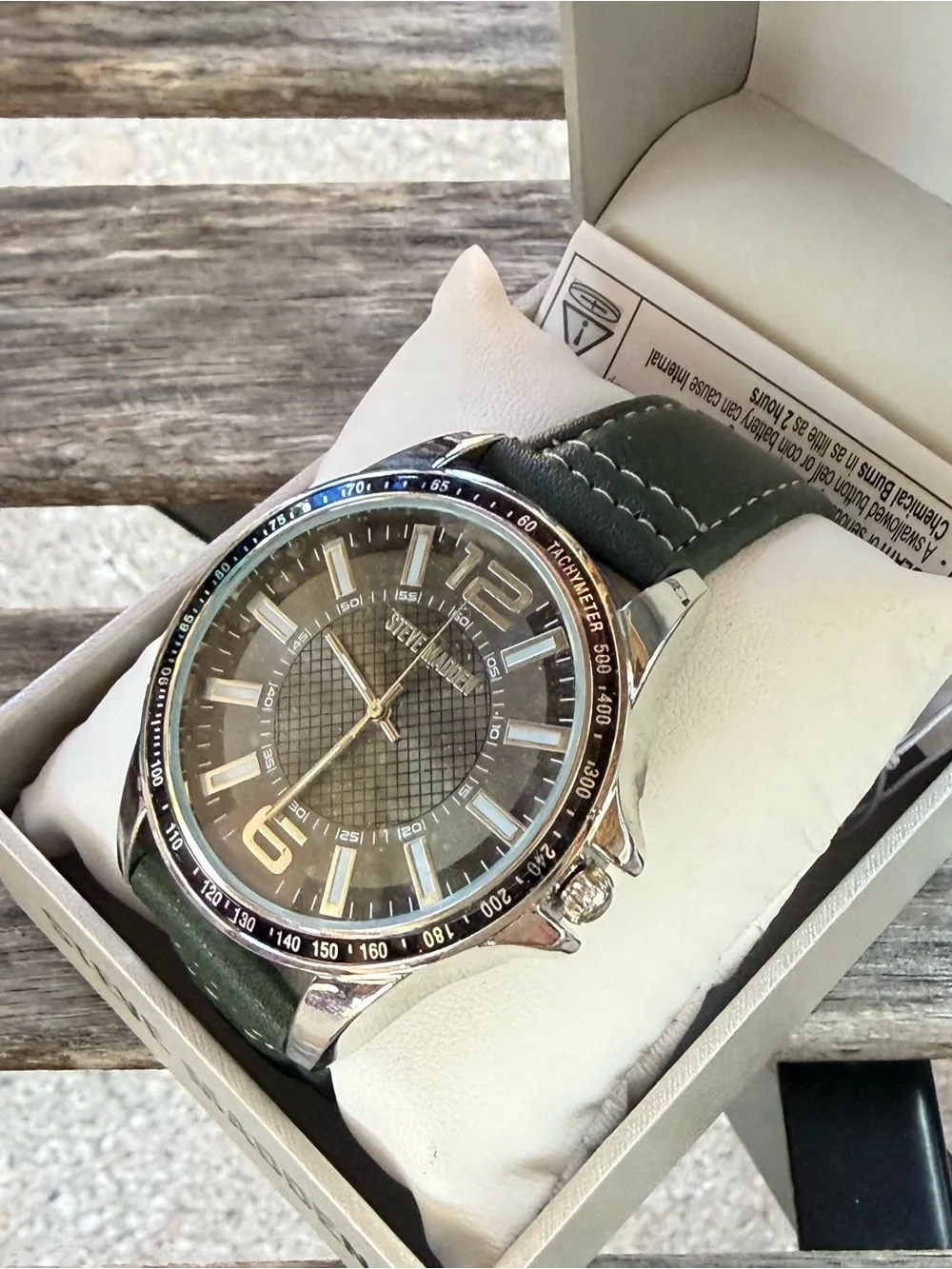 Steve Madden Green Leather Strap Men's Watch with Silver Case